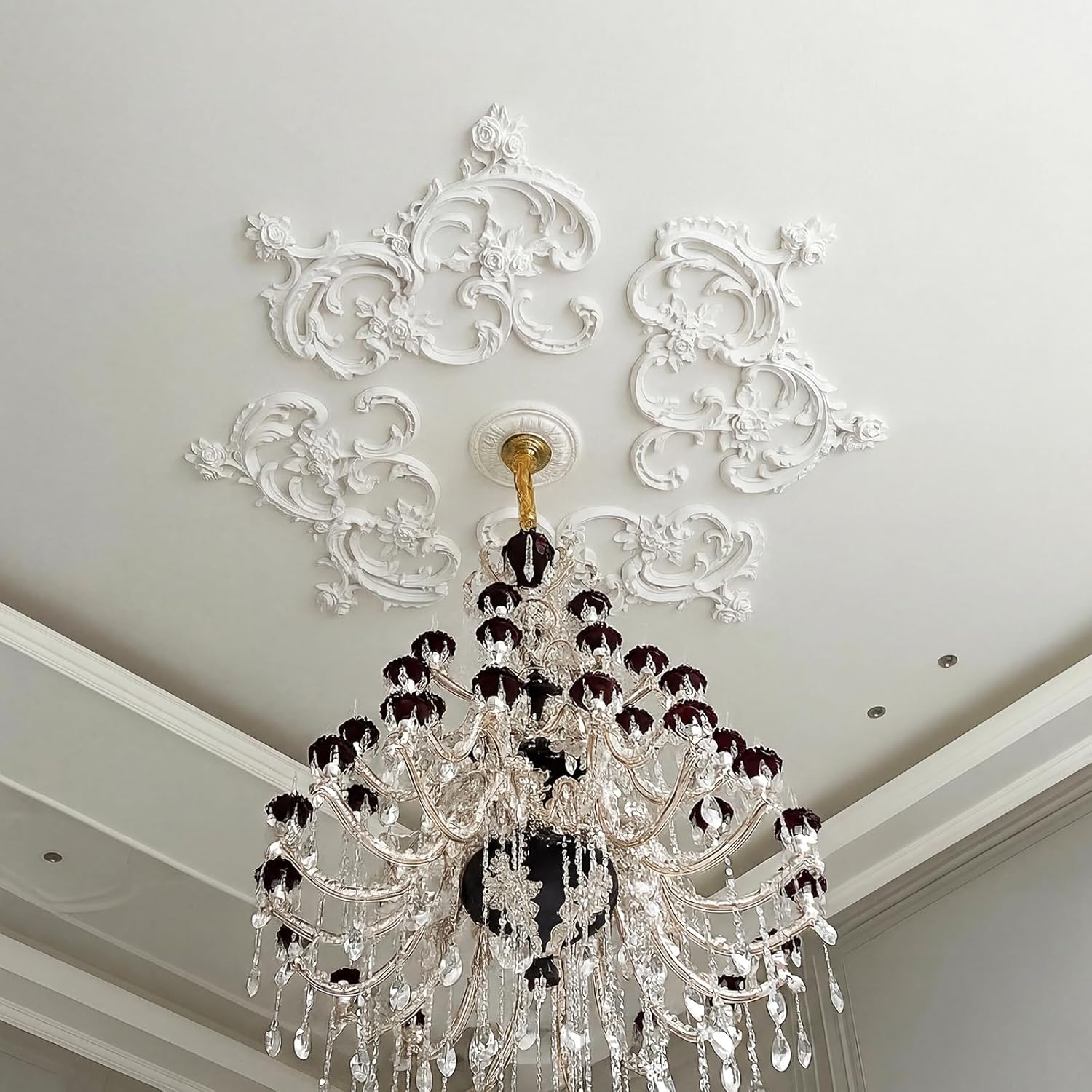 Nuanchu 33.5'' Large PU Ceiling Medallion Combination Decorative 2.36'' ID French Style Chandelier Base Ceiling Medallion for Light Fixtures Victorian Rosette Light Covers for Chandeliers(Charming)