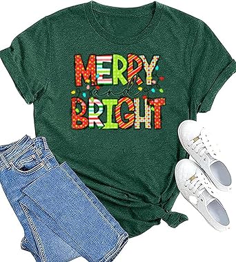 Merry and Bright Merry Christmas Shirt for Womens Xmas Holiday Funny Letter Print Short Sleeve Pullover T Shirt Top