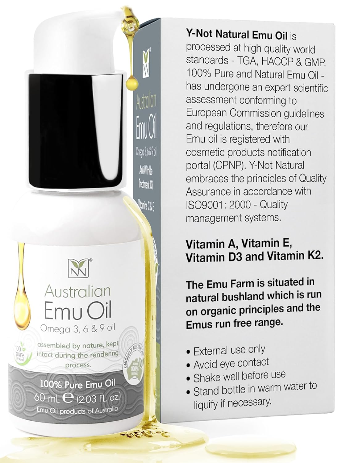 Y Not Natural Pure Emu Oil - Organic Moisture for Face, Body, Hair, Scalp & Nails - Rich in Omega 3-6-9, Vitamins & Essential Minerals - Australian Emu Oil (60ml) 2.03 fl oz -Unscented