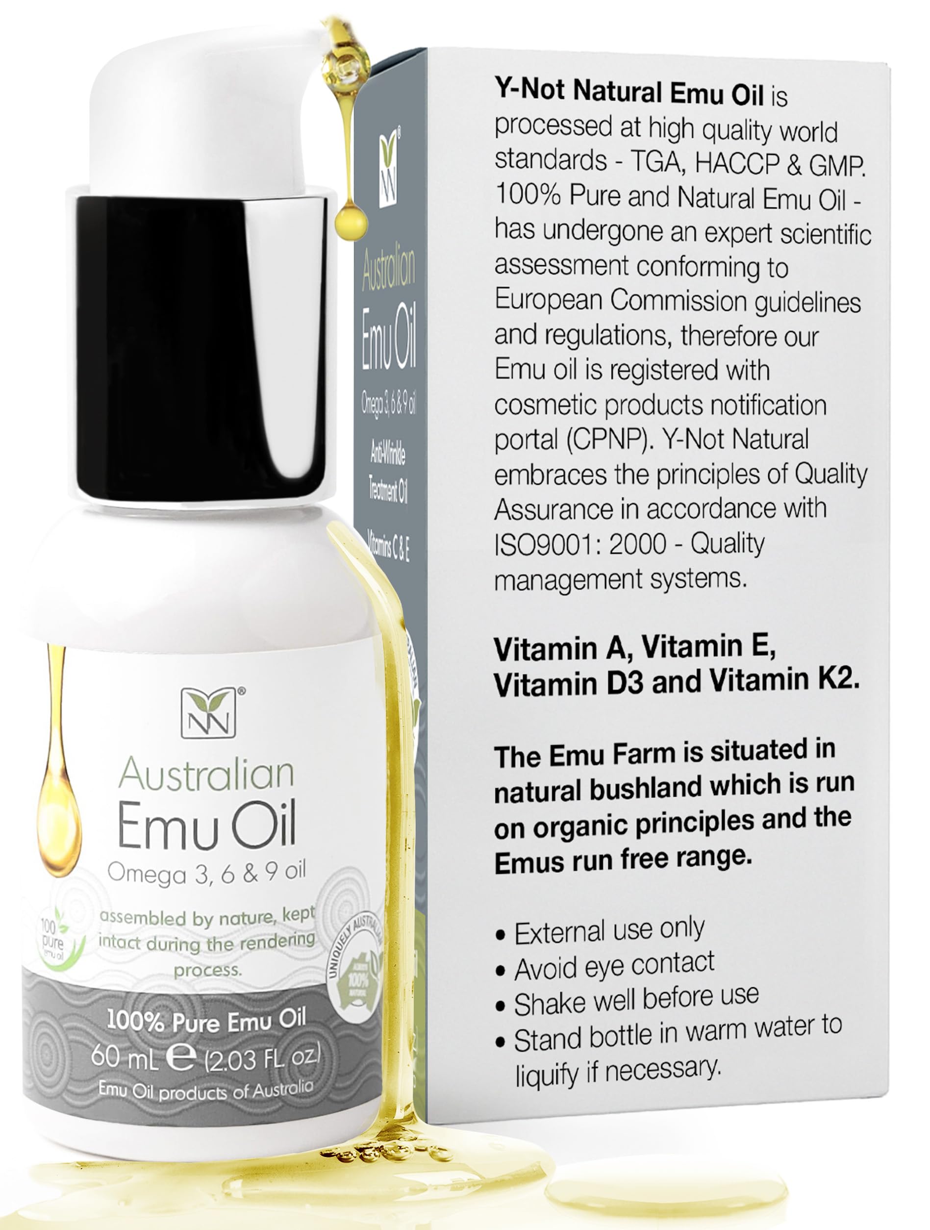 Y-Not Natural Ultra Pure Australian Emu Oil - Luxury, Hospital Grade Emu Oil 60 ml | Free Range Aboriginal Omega 3, 6 & 9 Oil/Unscented - The Ultimate Moisturizer for Skin, Hair, Nails, and Scalp
