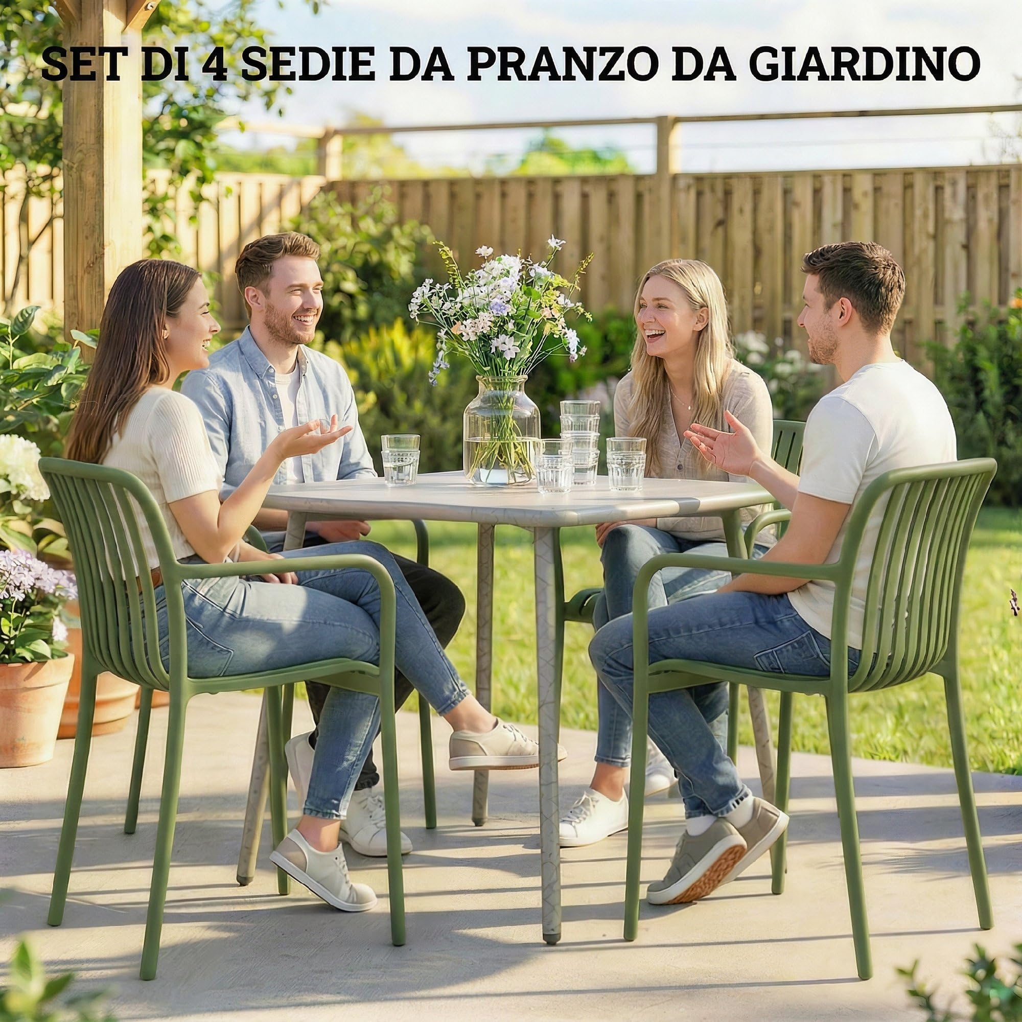 Outsunny Set 4 Sedie da Giardino Impilabili in PP Anti UV, Sedie per Esterno con Schienale Ergonomico, 55x58.5x81.5 cm, Verde