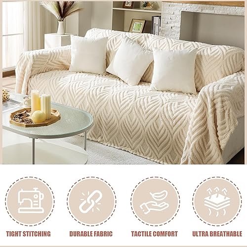 Miniatura 5 de Newwiee Funda de sofá de felpa jacquard con hojas de 71 x 118 pulgadas, cálida, funda de sofá de felpa esponjosa, protector de muebles, acogedor