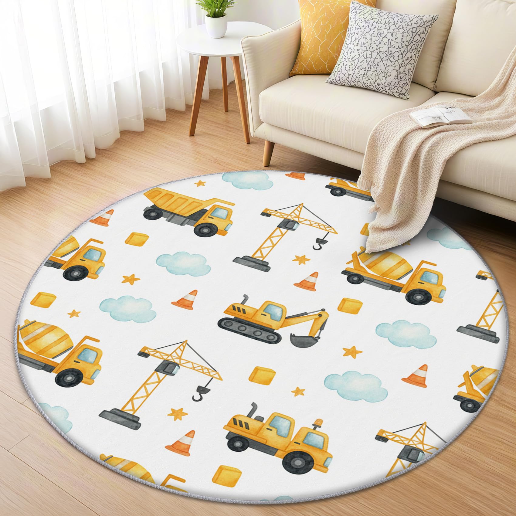 Baustelle Kinder Teppich Rund 120cm Kurzflor - Waschbare Teppiche Wohnzimmer Jungen Bagger LKW Fahrzeuge - Runder Teppich 120 Durchmesser Kinderzimmer - Bettvorleger Schlafzimmer rutschfest
