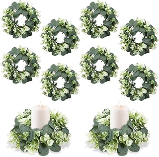 SHENLIU 10 Pcs Candle Rings Artificial Eucalyptus Leaves Wreath Greenery Leaves Boho Garland Pillar Candleholders Candle Rings for Wedding Party Home Table Door