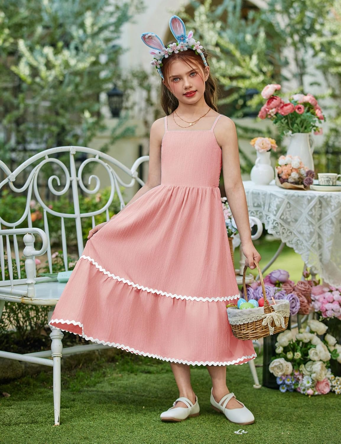 Arshiner Girls Summer Spaghetti Strap Dresses Flowy Tiered Cami Maxi Sundress with Pockets - Image 4