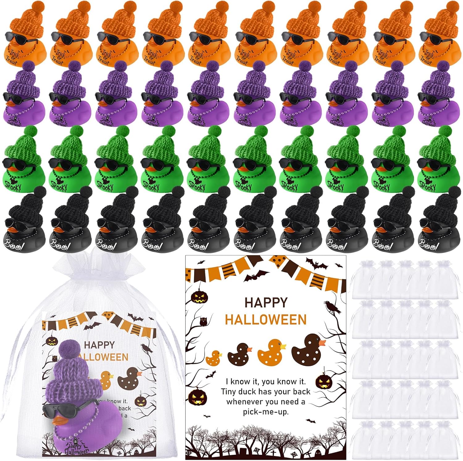 50 Pcs St. Patrick's Day Rubber Duck for Bath Pool 50 Cards 50 Organza Bags 50 Hats 2 Inch Green Sunglass Shamrock Clover Duck for Irish Gifts St. Patrick's Day Party Favors