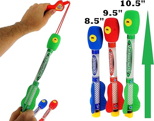 Miniatura 4 de JA-RU Sling Shot Rocket con sonido (1 juego de juguetes, 3 cohetes de espuma) Lanzador de banda de goma. Juguetes voladores de cohetes silbato.