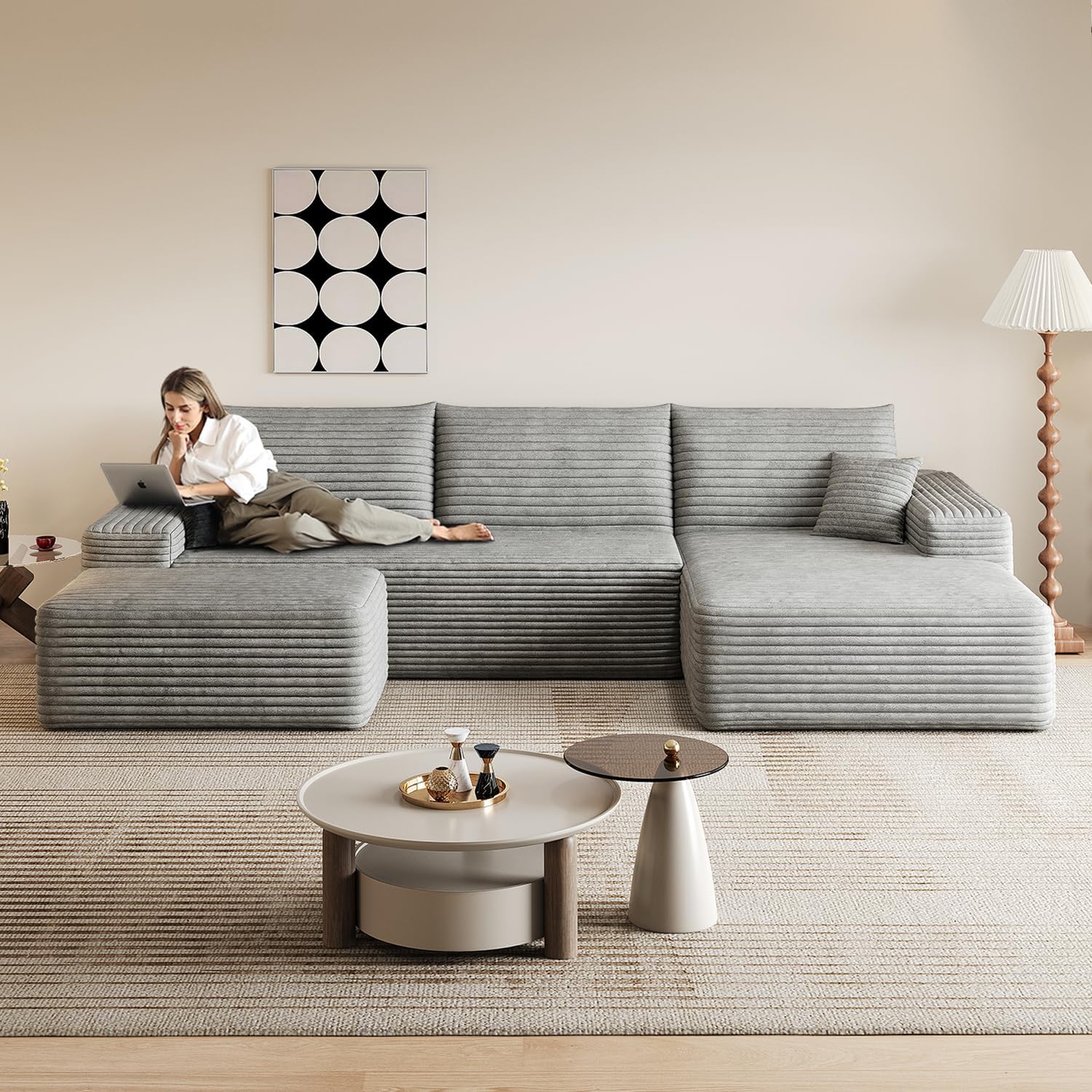 107" Comfy U-Shaped Sectional Modern Boneless Corduroy Couch with Chaise ‌and Ottoman‌ - No Assembly Required! Deep-Seat, Upholstered Modular Cloud Sofa for Living Room, Plush Corduroy Fabric(Grey) Grey 2 seater+Right Facing Chaise+ottoman