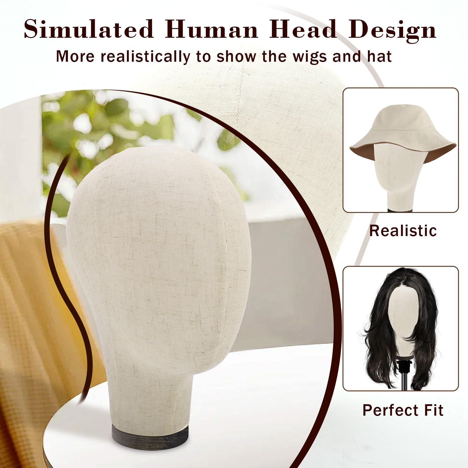 Perückenkopf 22 Inch (55cm) Dekokopf mit Holzständer Leinwand Perücke Mannequin Kopf Hutständer