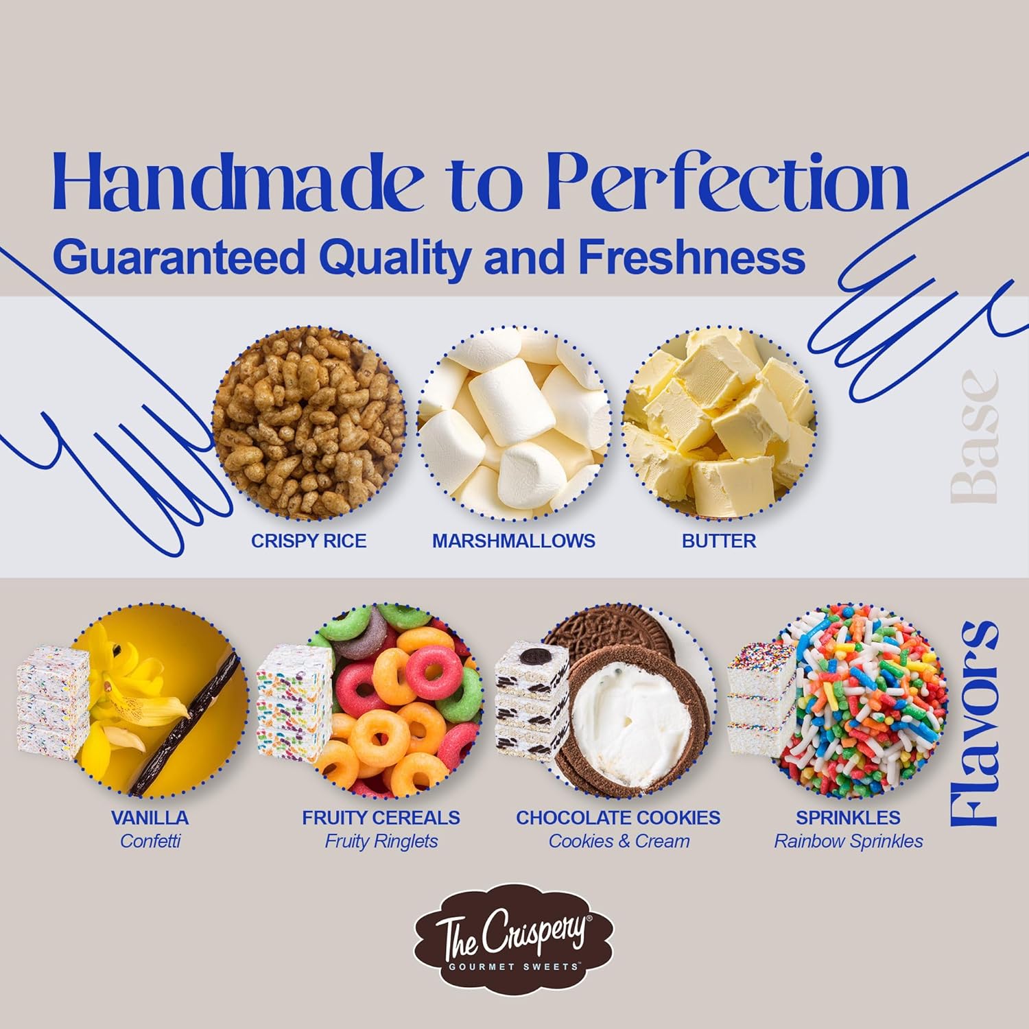 The Crispery Crispycakes – Jumbo Size Pack of 12 Individually Wrapped Assorted Flavor Gourmet Marshmallow Rice Crispycakes, always soft and gooey, packed with fresh ingredients. Made in the USA.