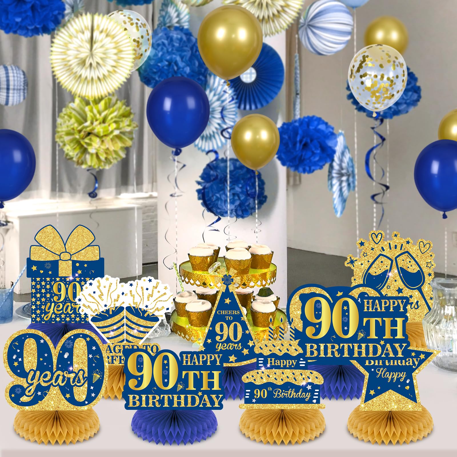 9 piezas de centro de mesa para decoración de cumpleaños 90 azul y dorado, decoraciones de feliz 90 cumpleaños para hombres y mujeres, suministros de fiesta de aniversario, suministros de animación a
