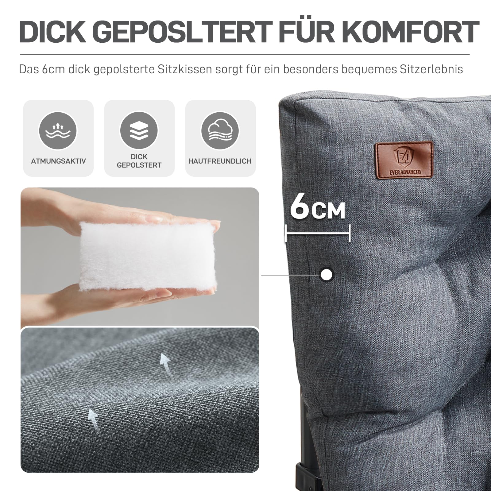 EVER ADVANCED Campingstuhl Faltbar 230KG Belastbar XL Klappstuhl 62cm Sitzbreit mit Seitentasche Getränkehalter Übergroß Faltstuhl Angelstuhl für Camping Outdoor Balkon Garten