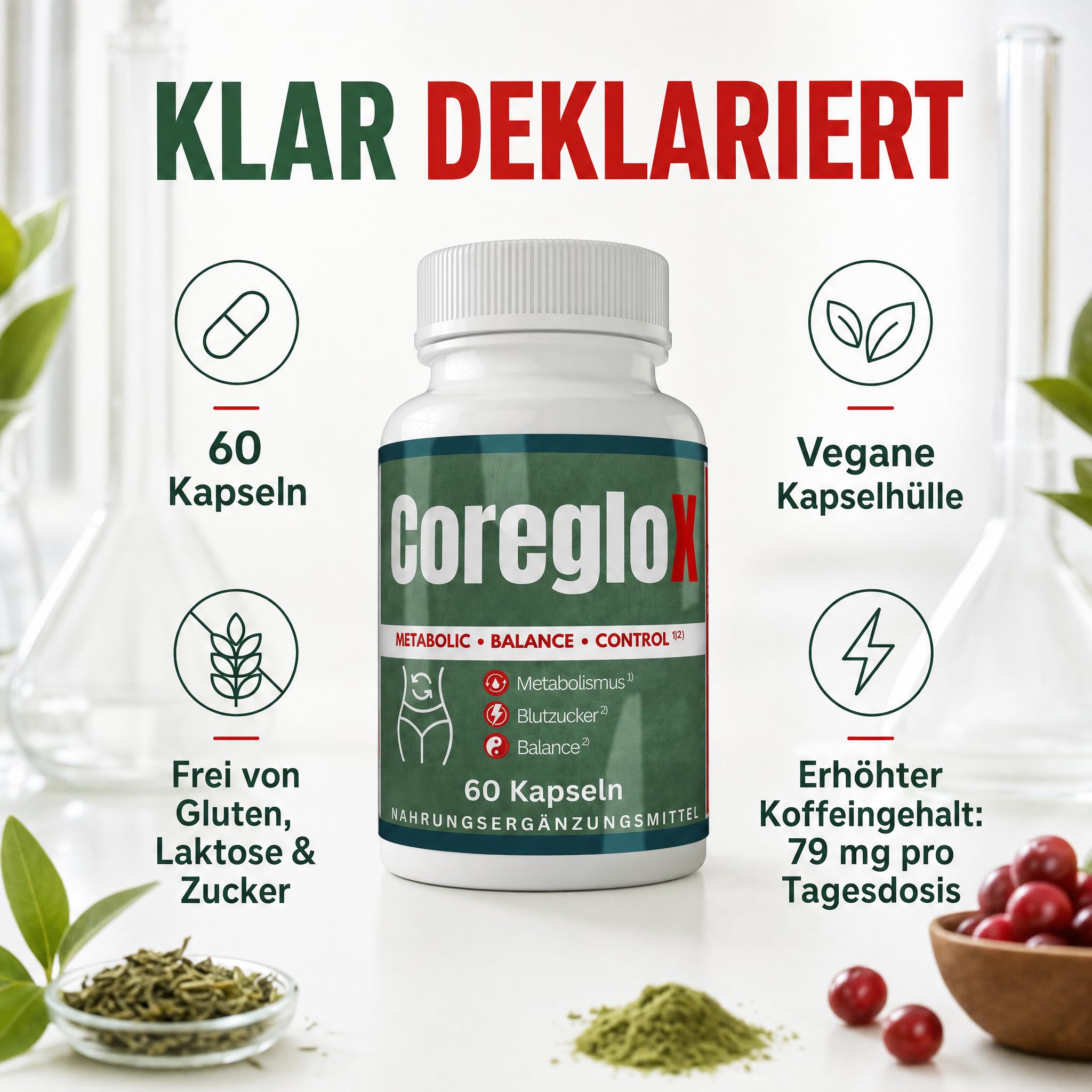 CoreGLO X 60 Stoffwechsel Kapseln mit Chrom & Jod, Original von ZENICAPS – Chrom für normalen Makronährstoffwechsel, Jod für Energiestoffwechsel – mit Grüntee, grünem Kaffee, L-Carnitin & L-Tyrosin