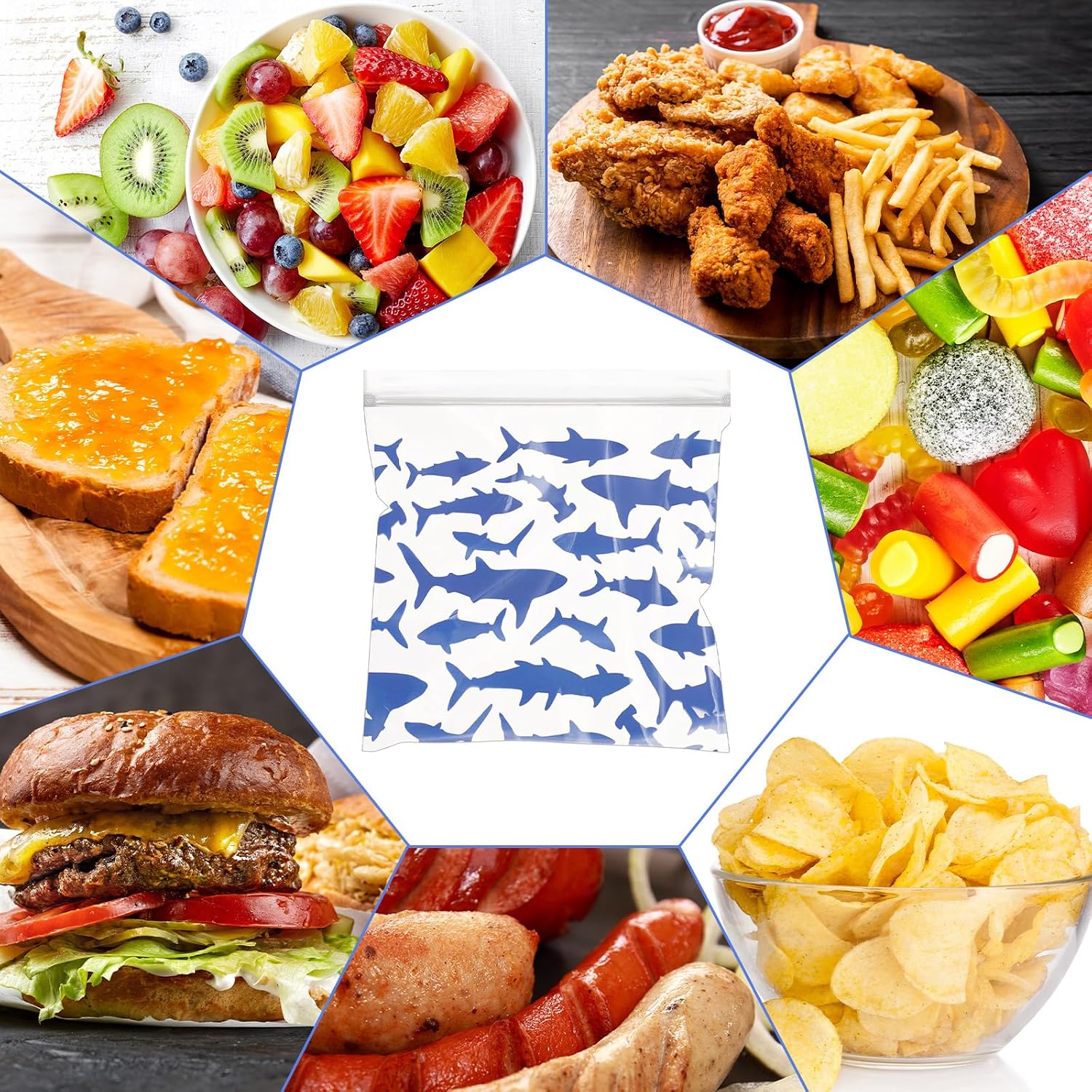 100 Pcs Sandwich Bags Resealable Food Storage Seal Freezer Bags 6.5 x 6.5 Inches Writable Surface Snack Sandwich Bag for Snack Fruit Lunch Food(Shark)