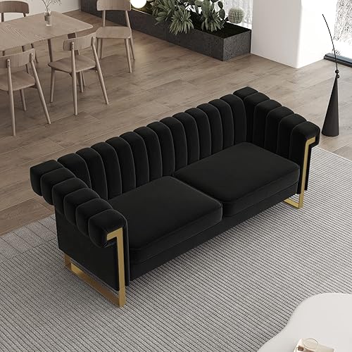 Miniatura 3 de Sofá de cuero sintético de 83 pulgadas, sofá de 3 plazas con patas de metal dorado, cómodo sofá de sala de estar, muebles modernos (verde-PU)