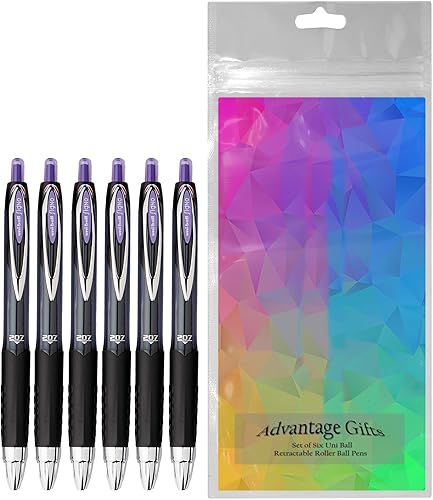 Uni-ball Signo 207 Bolígrafos de gel retráctiles, punta media (0.028in), tinta morada, 6 unidades, paquete con bolsa de plástico reutilizable