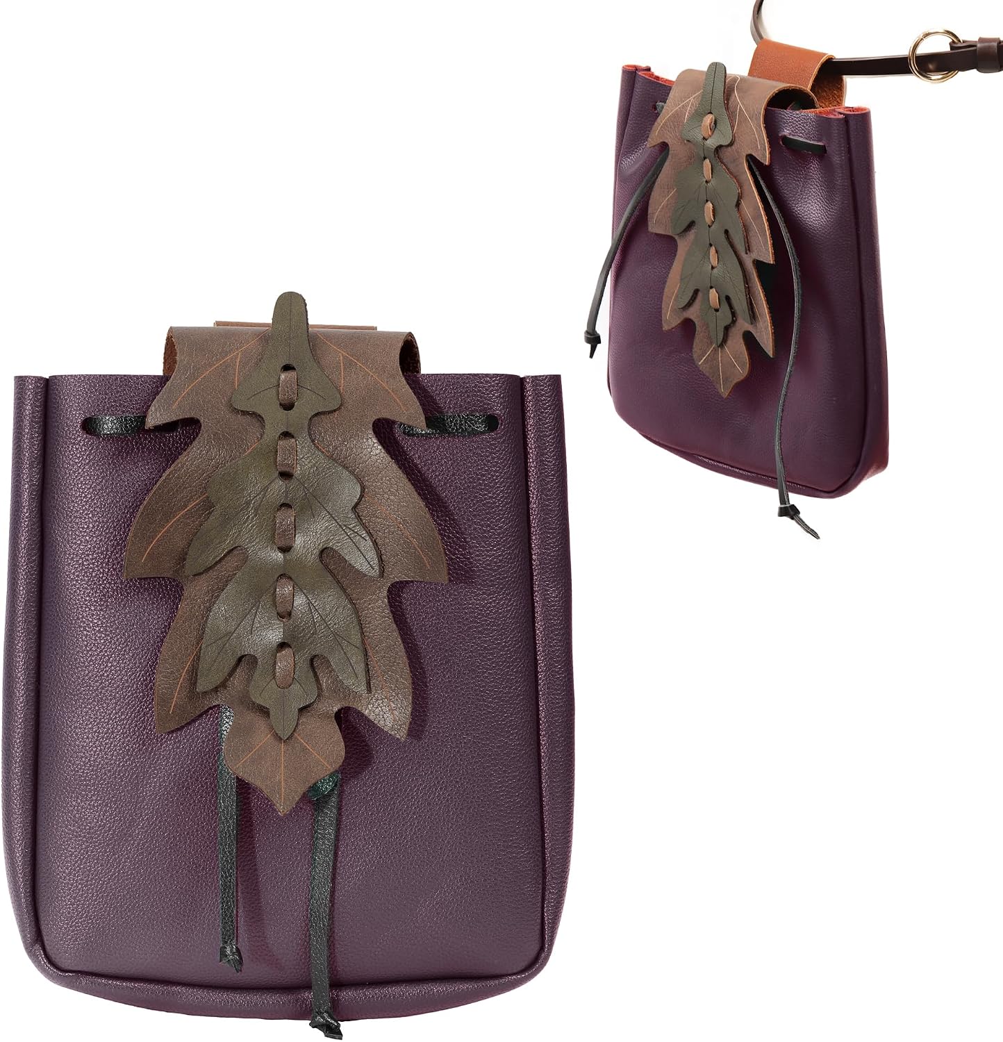 PROCOS Renaissance Belt Pouch Coins Purse Drawstring PU Leather Leaf Medieval Waist Bag for LARP Ren Faire