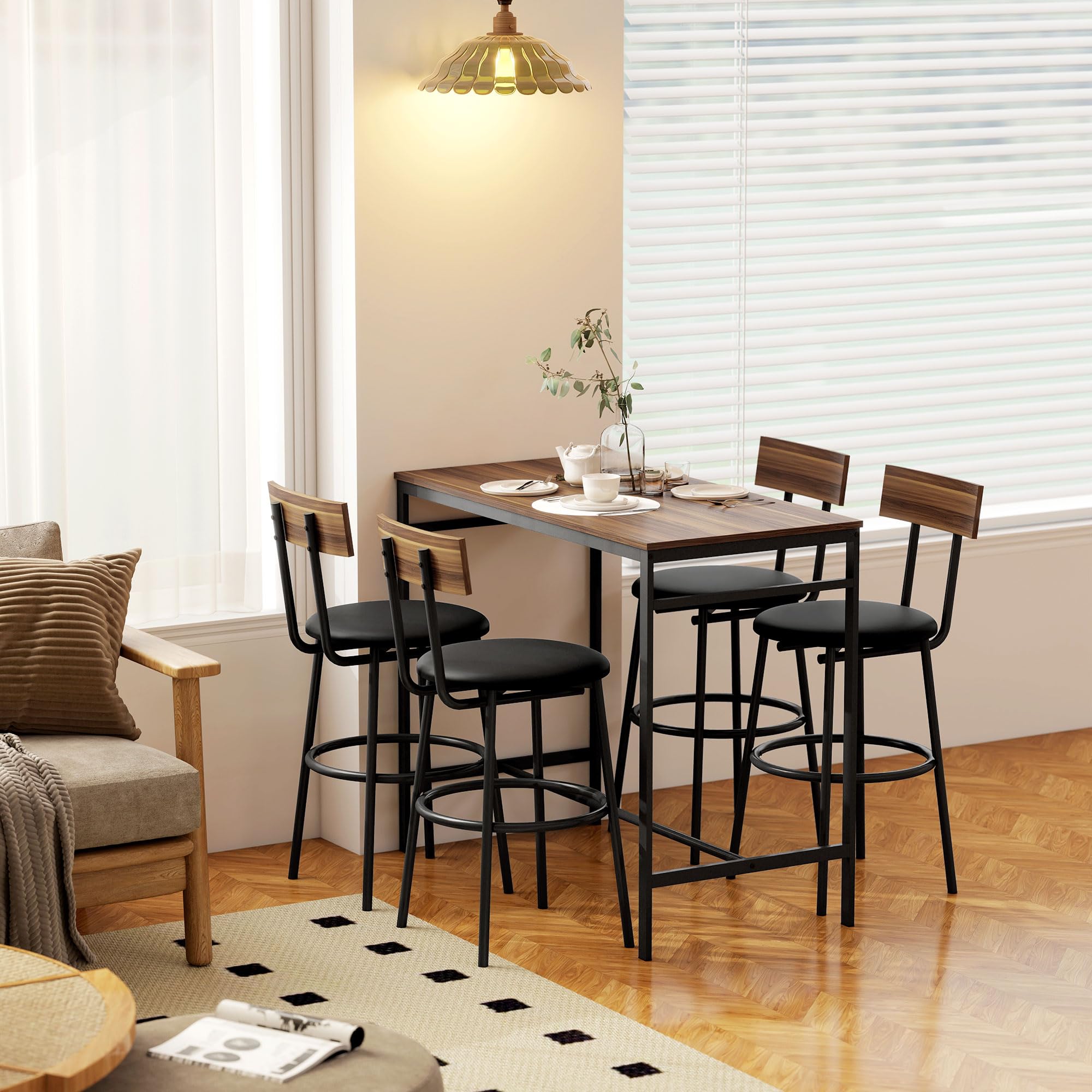 HOMCOM Bartisch mit Barhocker-Set Esstisch mit 4 Stühlen mit Fußstütze, Rückenlehne und Polsterung, Platzsparend Bartisch Set aus Stahl Industrial Küchentisch für Esszimmer, Küche, Braun
