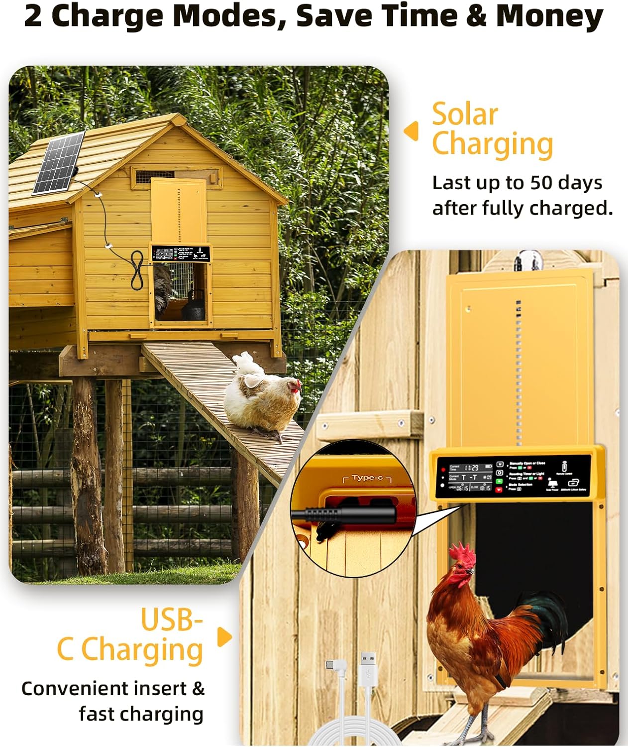 Automatic Chicken Coop Door Solar Powered, Pet Deluxe Chicken Door with Programmable Timer & Light Sensor, Anti-Pinch Safety, 7W Solar Panel, Aluminum Alloy with 10 Wire Clips Solar Chicken Door-Gold