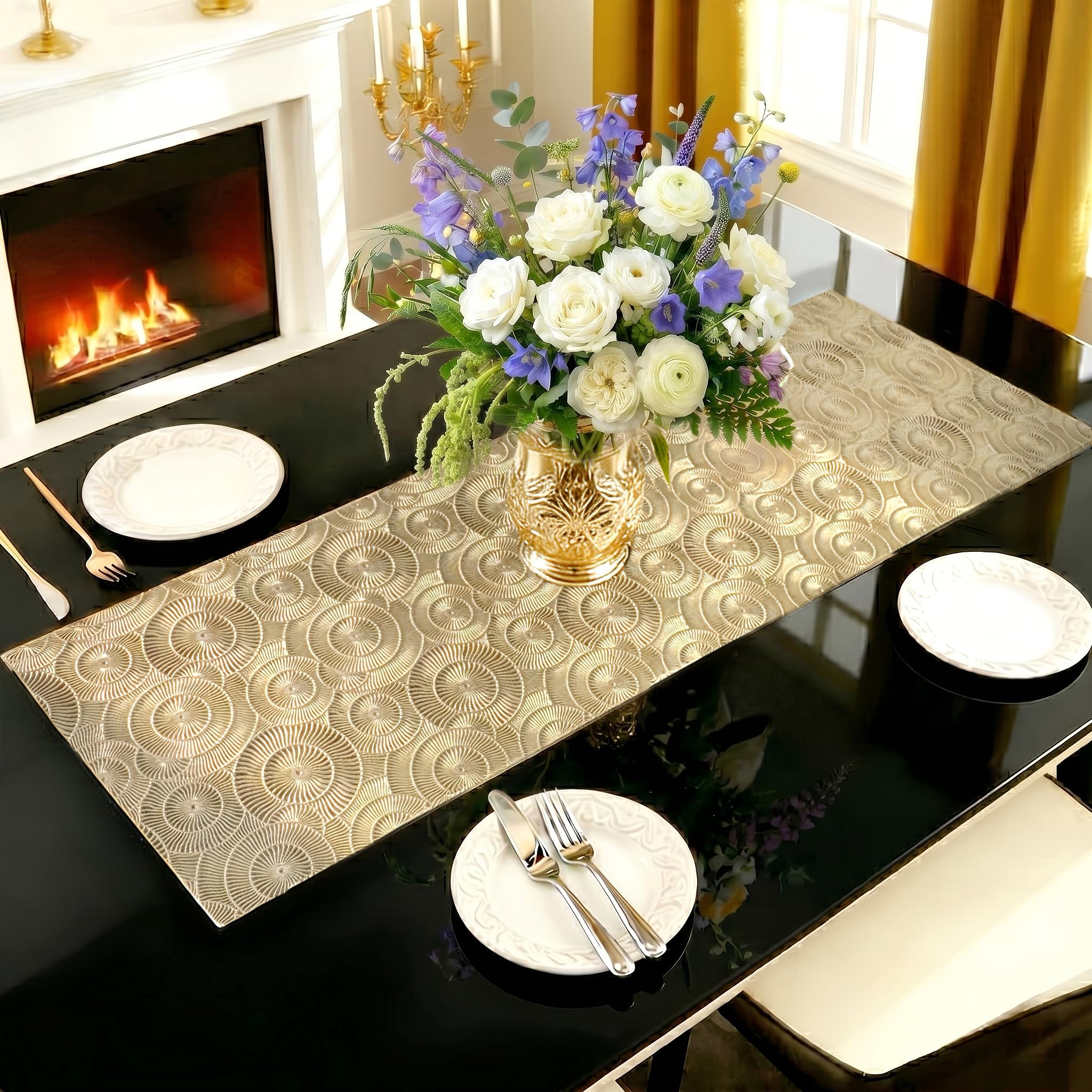 FAVE Gold Small Table Runner 36 Inch Heat Resistant Vinyl Table Cover for Dinner Party Wedding Decor (Golden Ball)