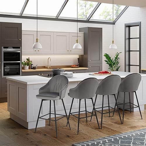 Miniatura 10 de COSTWAY Juego de 2 taburetes giratorios de 360 grados, sillas de bar de tapicería de terciopelo con patas de acero y reposapiés, sillas de bar