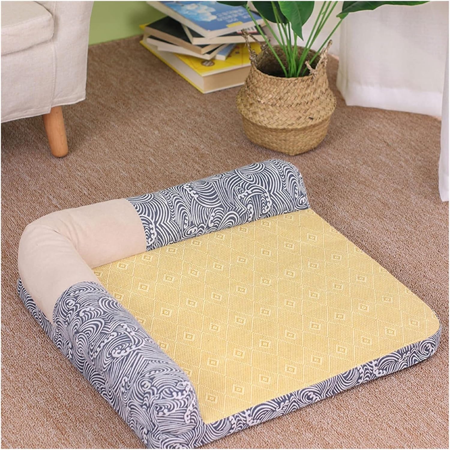 Breathable Woven Rattan Cooling Mat for Cats and Dogs, Non-Slip Pet Bed Pad for Indoor Outdoor Use, Detachable and Easy to Clean(S)