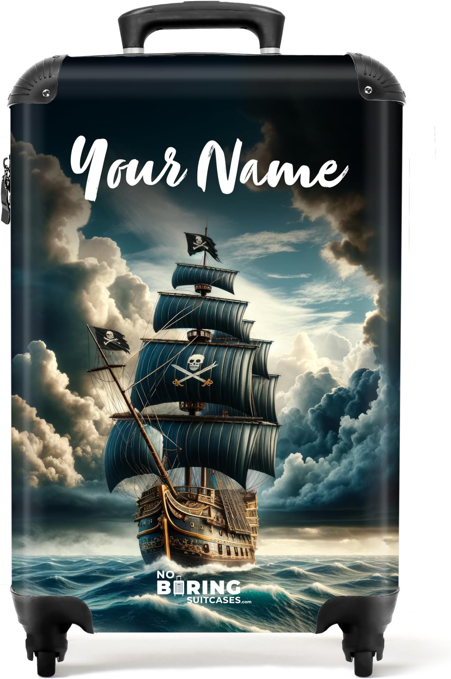 Children's Luggage Kids Suitcase for Boys - Personalised Lightweight Cabin Suitcase on Wheels - Pirate Ship Dark Clouds - 55x40x20cm - Hard Shell Trolley - 20" - 10kg