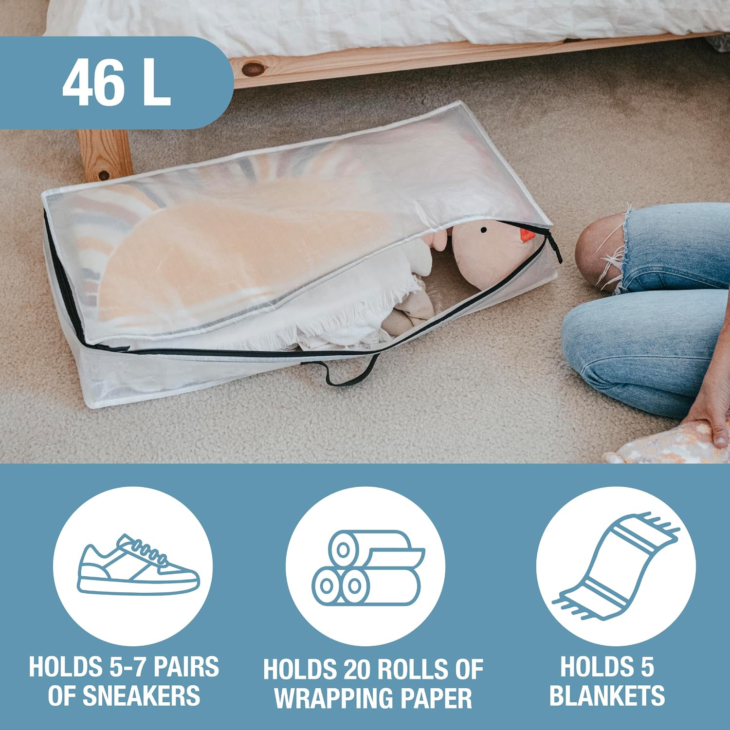 CleverMade Under Bed Storage Bag 46L 2 Pack – Collapsible Storage Bags with Zipper Closure, Foldable Underbed Organizer for Clothes, Blankets, Shoes & Seasonal Storage - Transparent