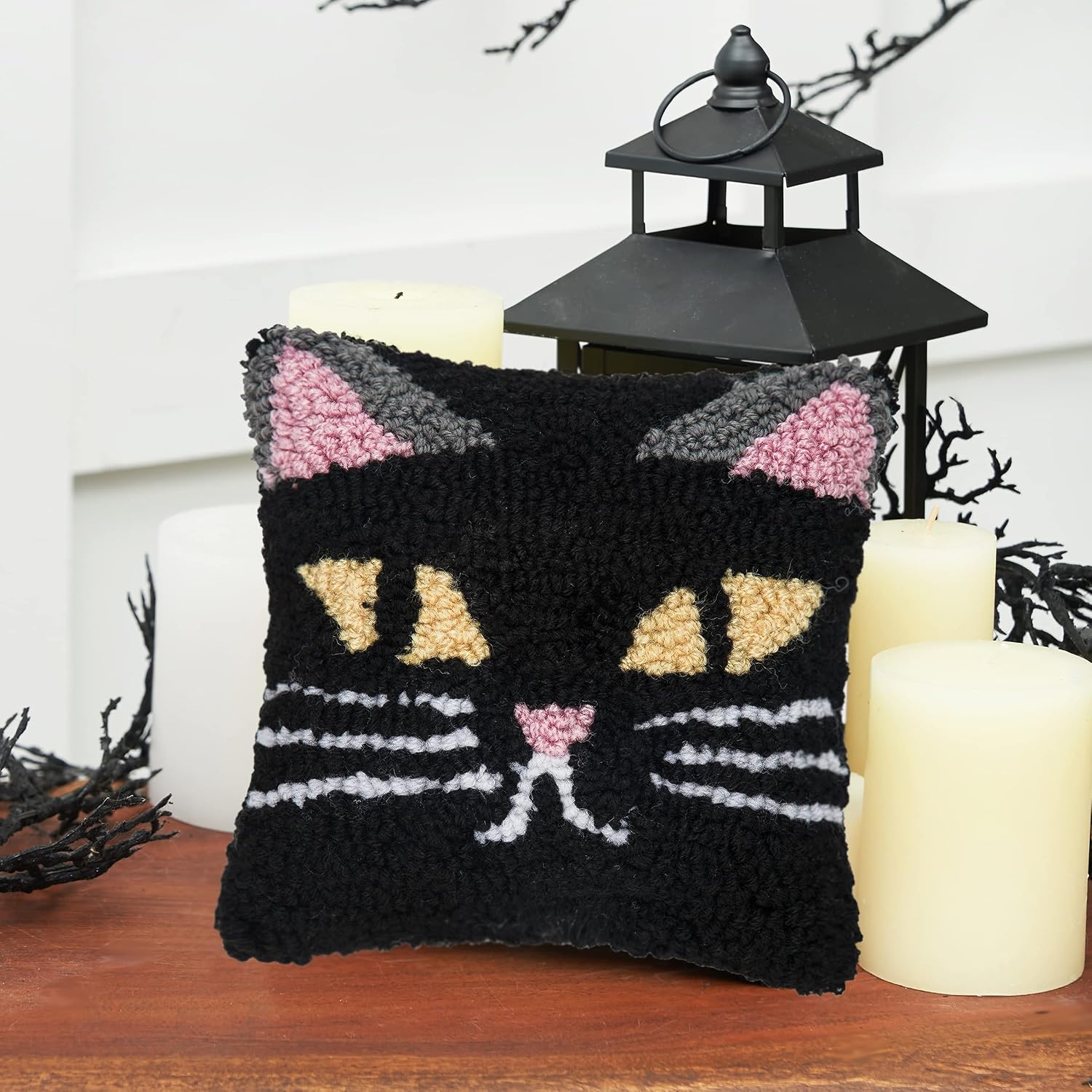 C&F Home Spooky Black Cat Face Small Petite Hooked Halloween Accent Pillow 8" x 8" Spooky Scary Cute Fall Autumn Harvest Home Living Room Sofa Couch Chair Bed Bedroom Decor Decoration 8" x 8" Black