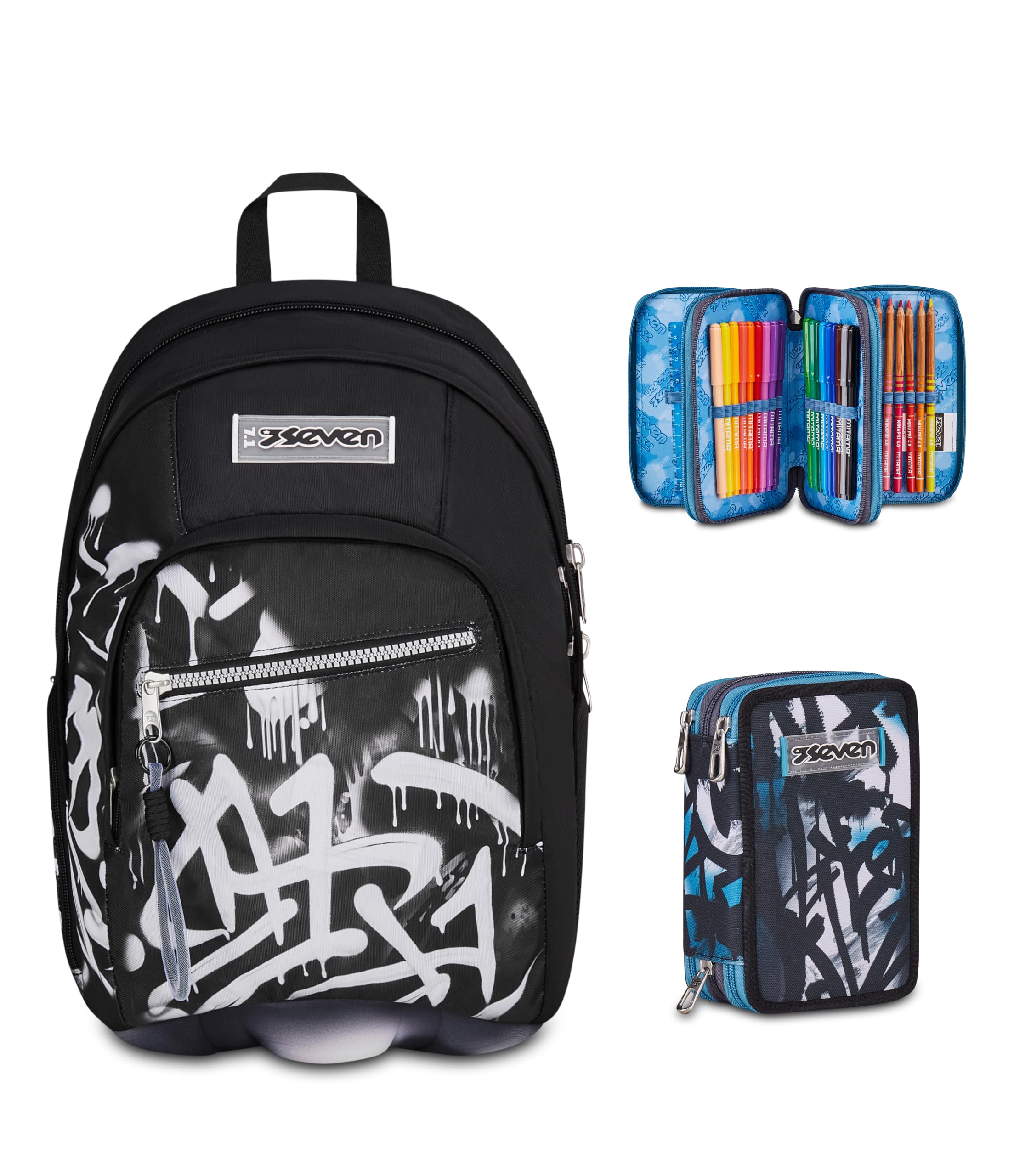 Seven Zaino Scuola Dual GOLDEN PAINT, Doppio Scomparto, Nero, 32 L + Astuccio 3 Zip, Completo di Matite e colori, Elementari, Medie, Tyle, Bambini e Ragazzi, grigio/nero