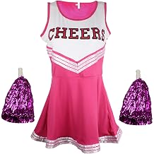 Cheerleader Fancy Dress Outfit Uniform High School Costume With Pom Poms Pink Cheerleader, Extra Large