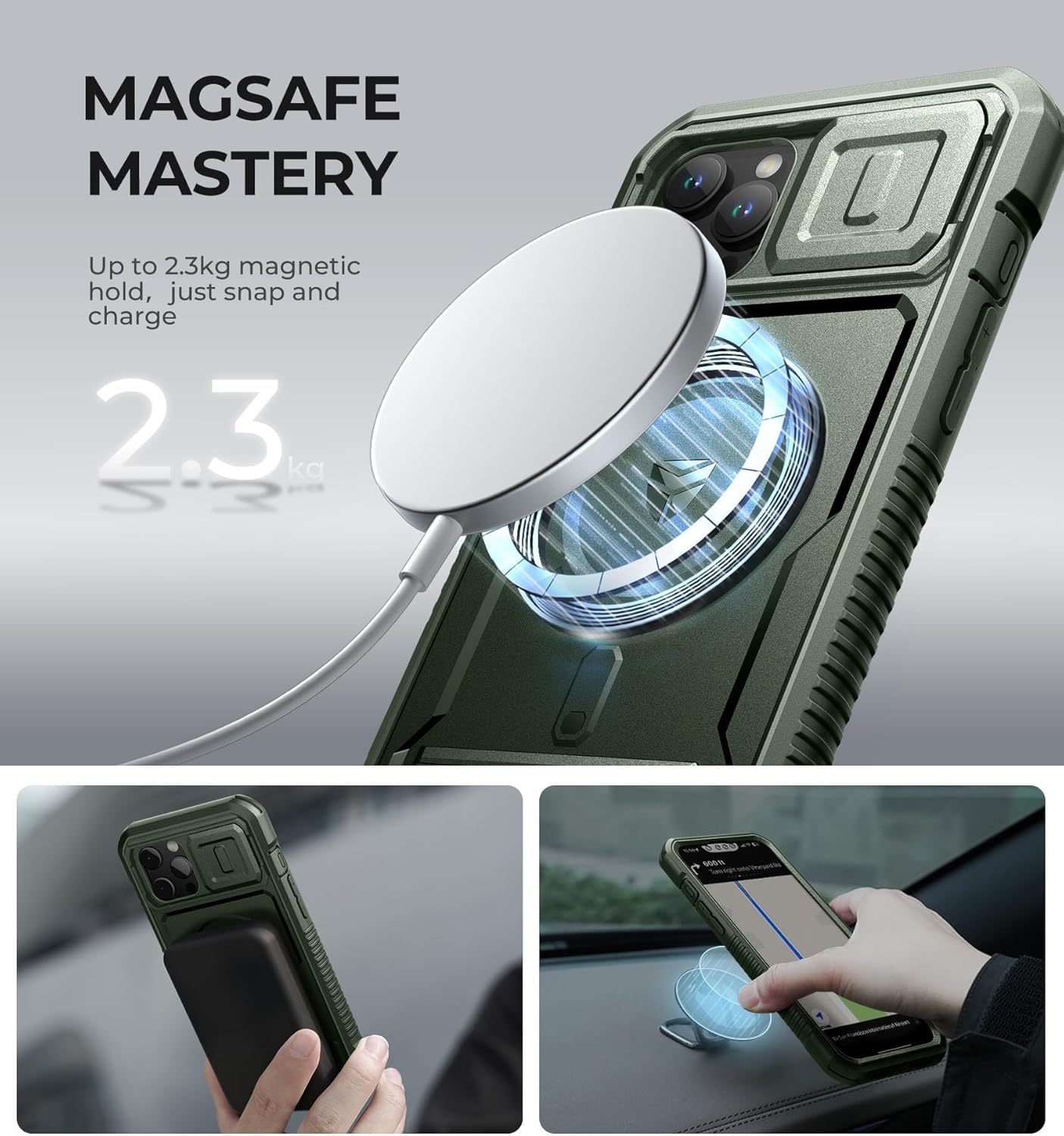 Dexnor for iPhone 13 Pro Max Case with Camera Cover, Compatible with MagSafe, Built-in Screen Protector, Heavy-Duty Shockproof Full-Body Rugged Protective Magnetic Cover with Kickstand, Green