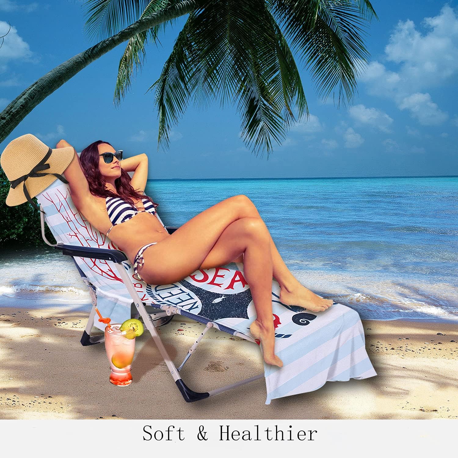 Everybody Needs Vitamin Sea Anchor Beach Chair Cover with Side Pockets Thick and Quick Dry Chaise Lounge Chair Towel Cover for Sun Lounger Pool Sunbathing Garden Beach Hotel, No Sliding