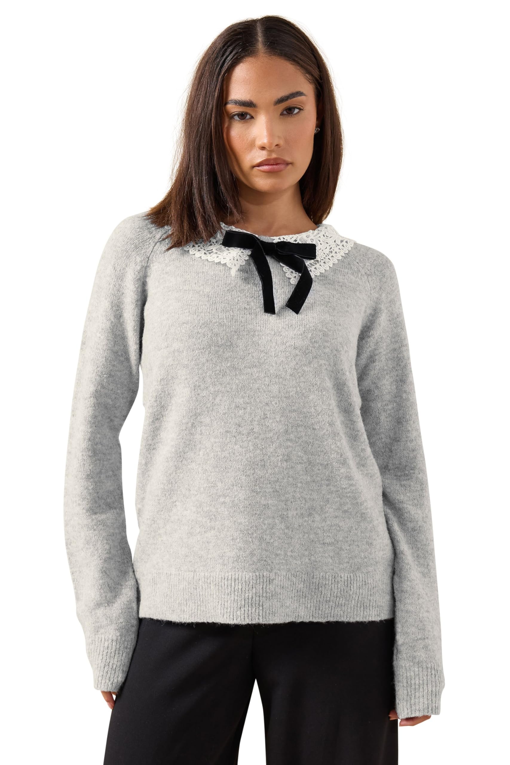 PixieGirl Petite Grey Lace Collar Bow Jumper Petite