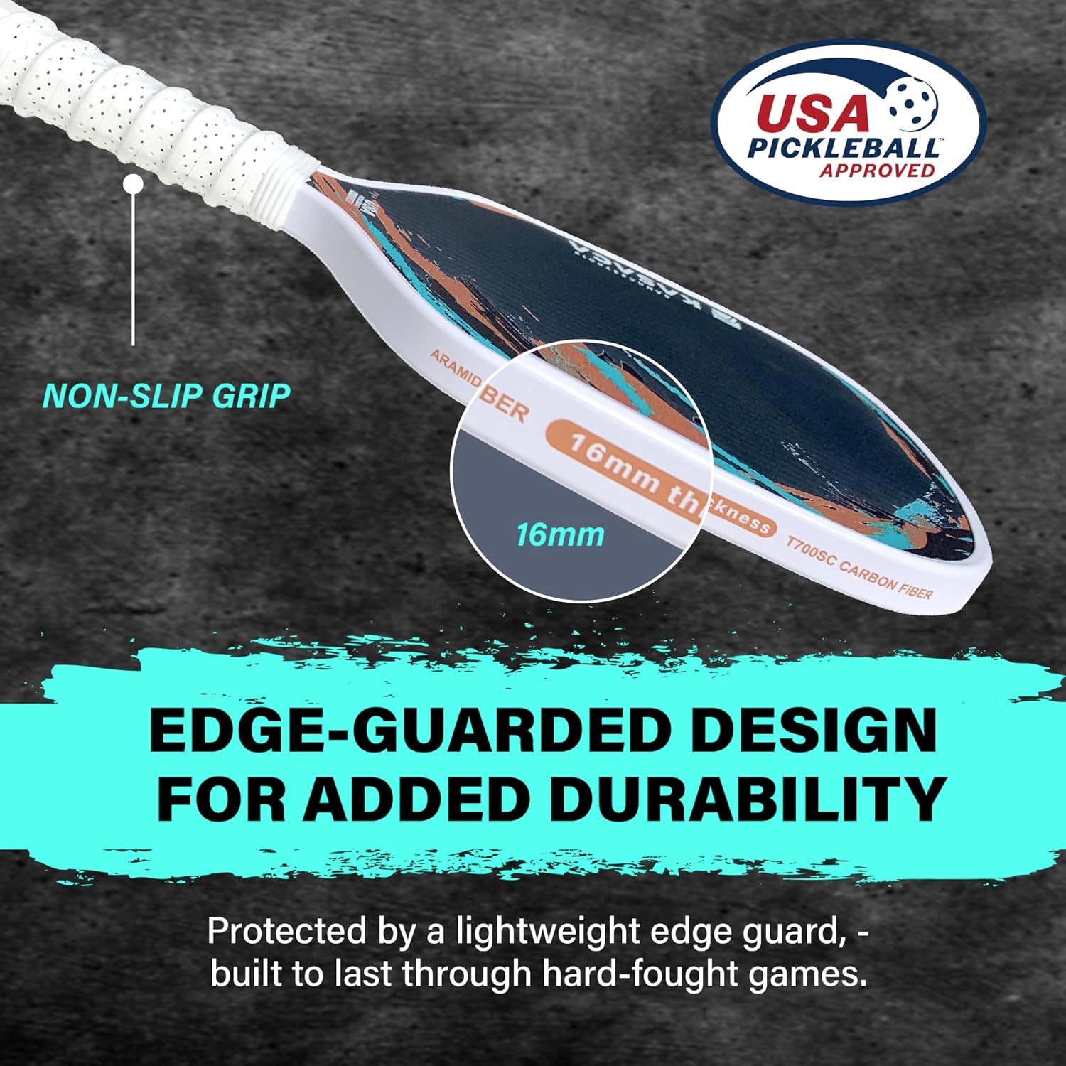 Aramid Fiber Pickleball Paddle - 16mm Thermoformed Carbon Fiber Core, Edge Guard, Lightweight Power & Control Paddle for Advanced Players, USAPA Approved