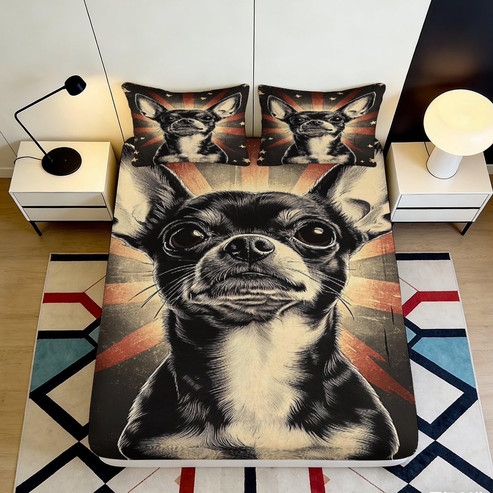 3D Printed Chihuahua Art Fitted Sheet Microfiber Non-Slip Dog Portrait Bed Cover for Bedroom Guest Room Machine Washable Decor 90x200x25cm