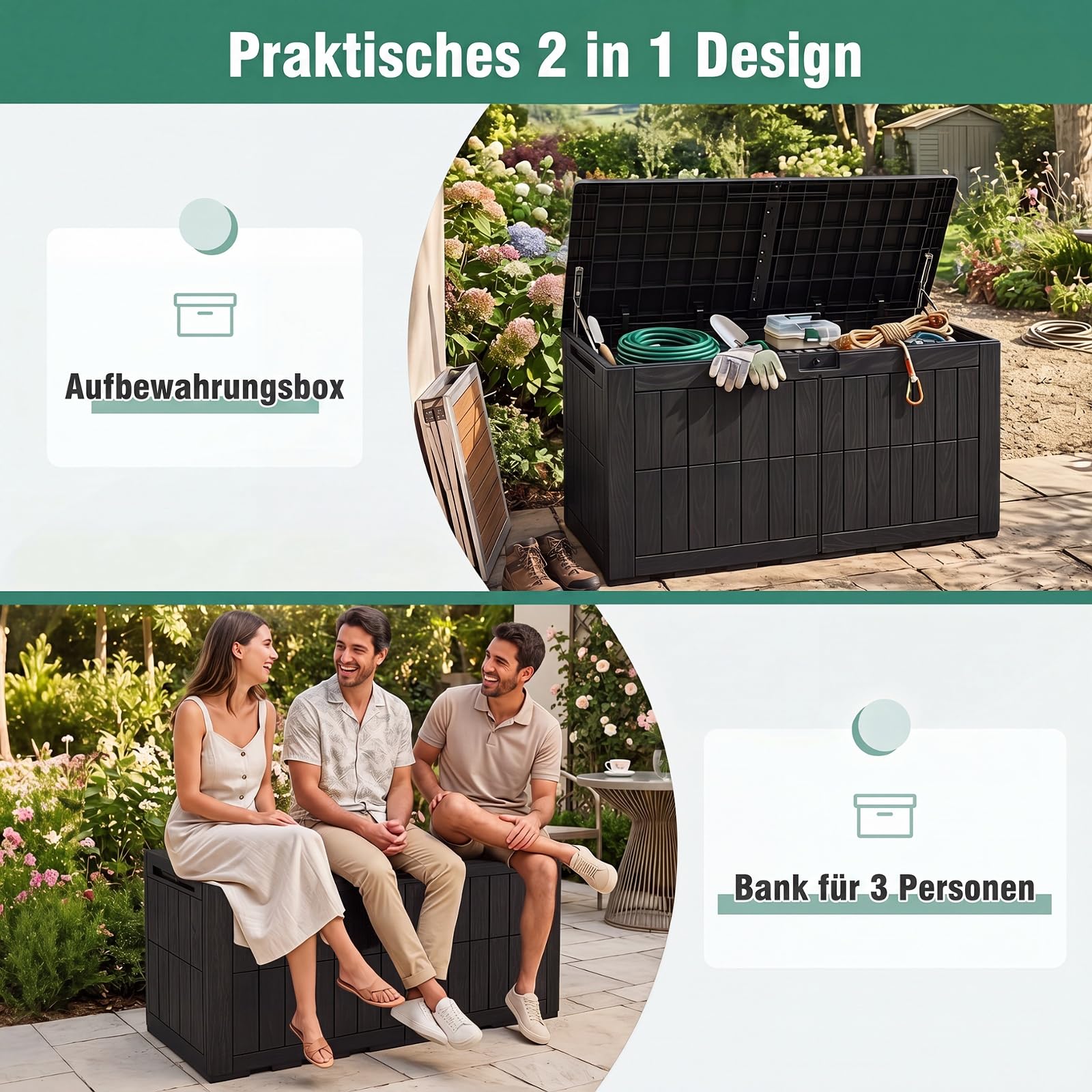 GYMAX 455 L wetterfeste Auflagenbox, abschließbare Aufbewahrungsbox mit Deckel, Gasdruckfedern & Griffen, 2-in-1 Terrassenbank und Kissenbox für Kissen, Gartenwerkzeug & Poolzubehör