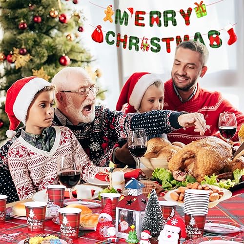 Vista 6 de 98 platos y servilletas de papel de Navidad para 24 invitados, suministros de fiesta de Navidad con platos desechables para cena y postre, mantel