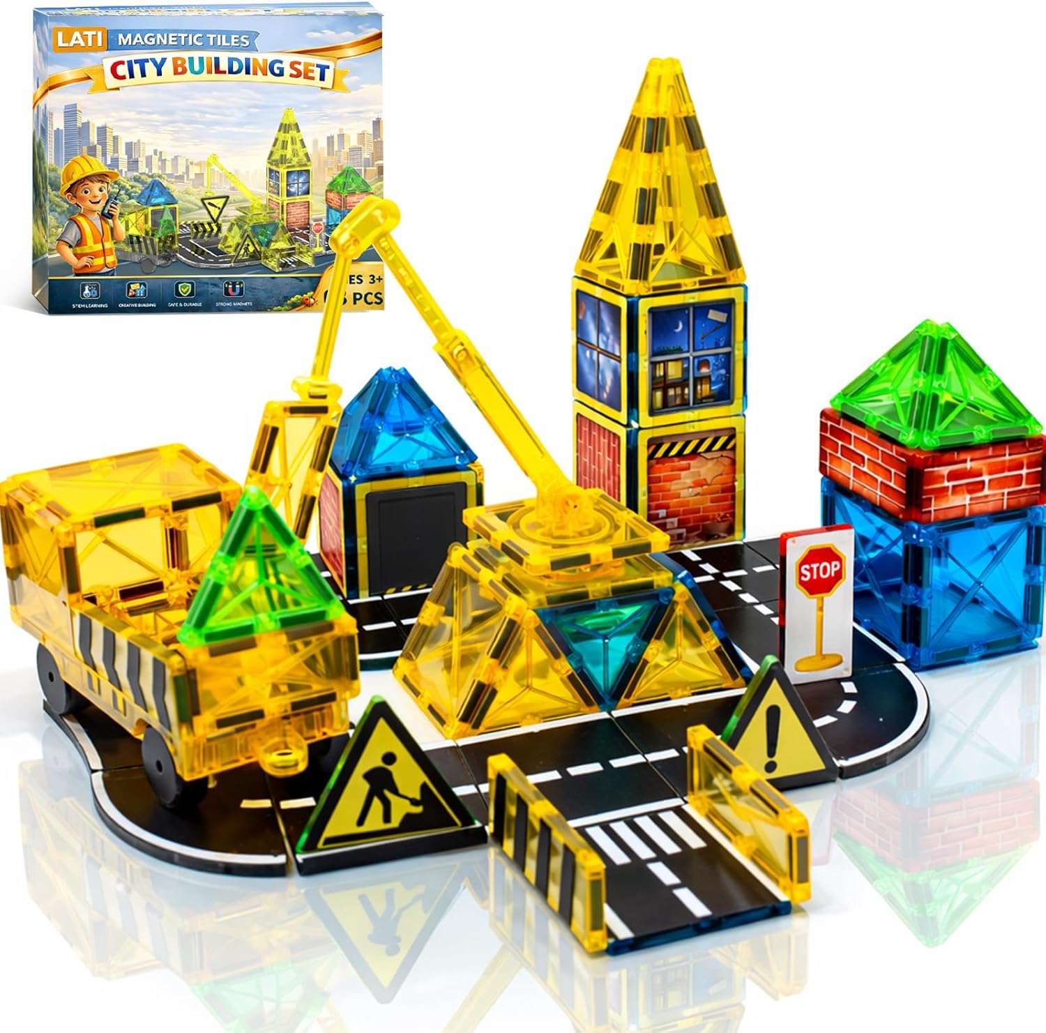 LATI Construction Magnetic Tiles City Set for Kids, Double-Sided Day & Night Building Blocks with Crane, Roads & Traffic Signs, STEM Learning Toy, Compatible with Other Brands, Ages 3–8