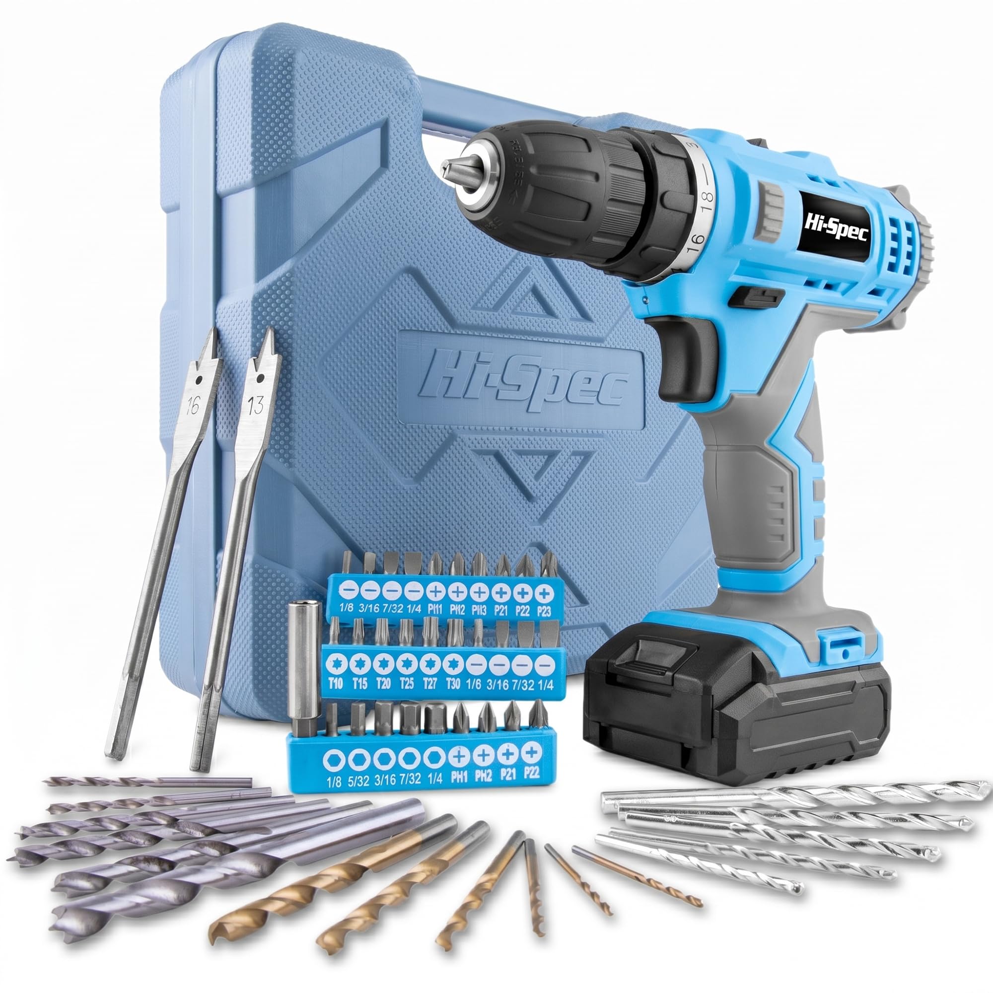 Hi-Spec 50-piece 12V drill set in toolbox