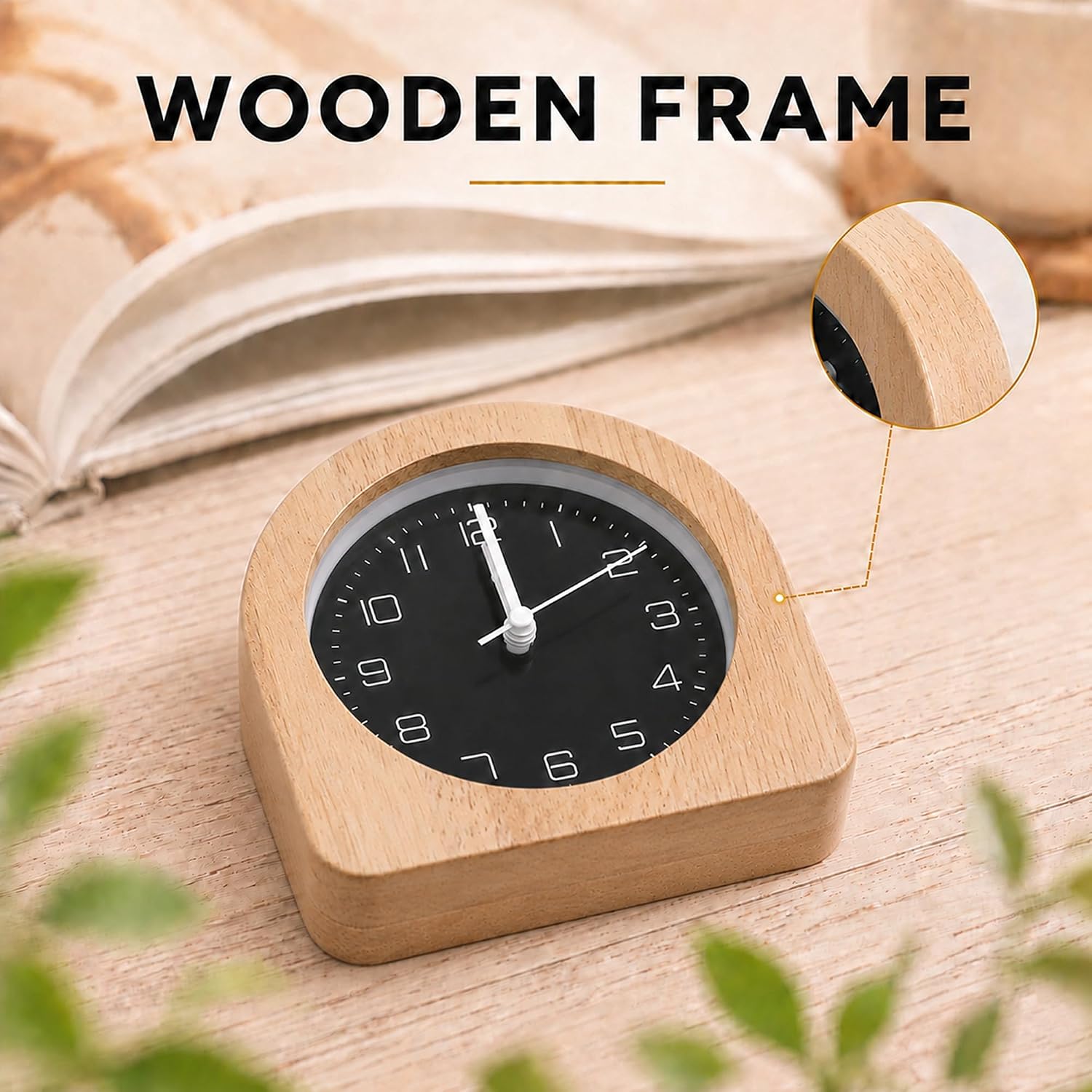 Analog Alarm Clock 5" Silent Non-Ticking Small Solid Wood Desk Clocks Battery Operated Simple Style Retro Table Clock for Office/Bedroom/Kitchen/School/Bedside/Shelf (Light Wood, Arch)