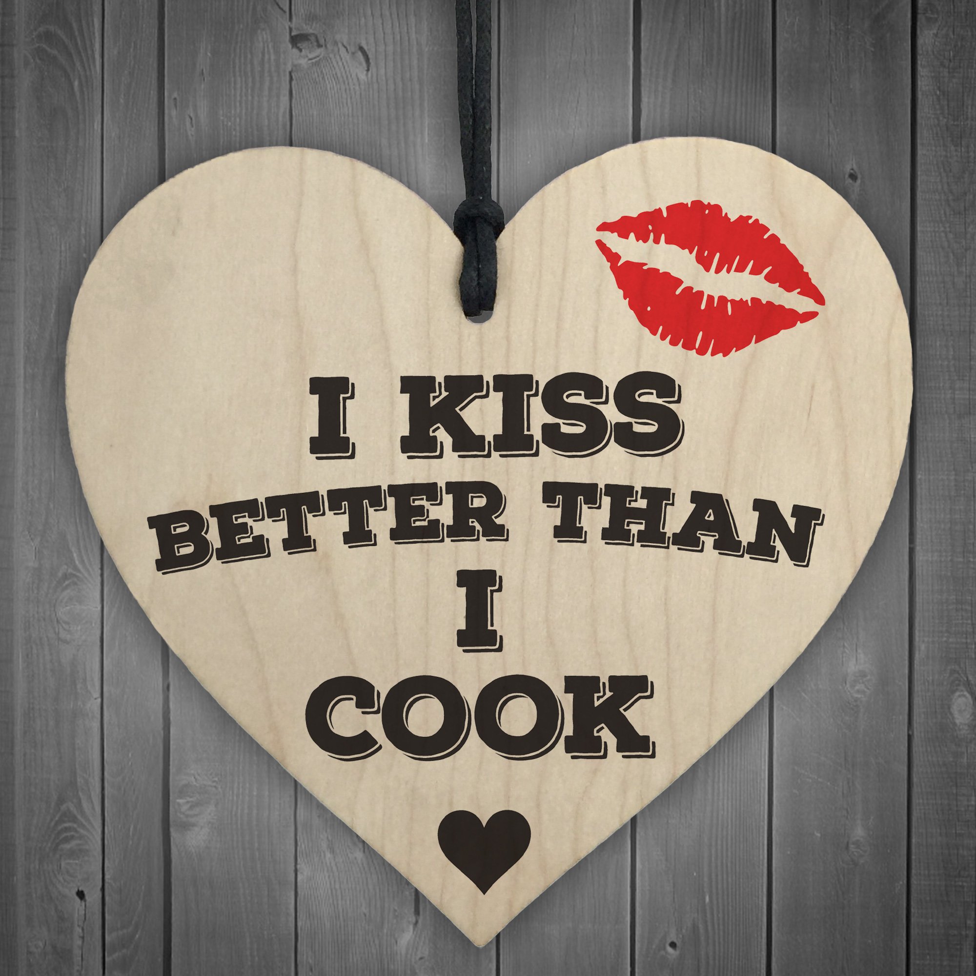 Red Ocean Wood Heart Sign Funny I KISS BETTER THAN I COOK Hanging Friendship Gift Kitchen Novelty Plaque