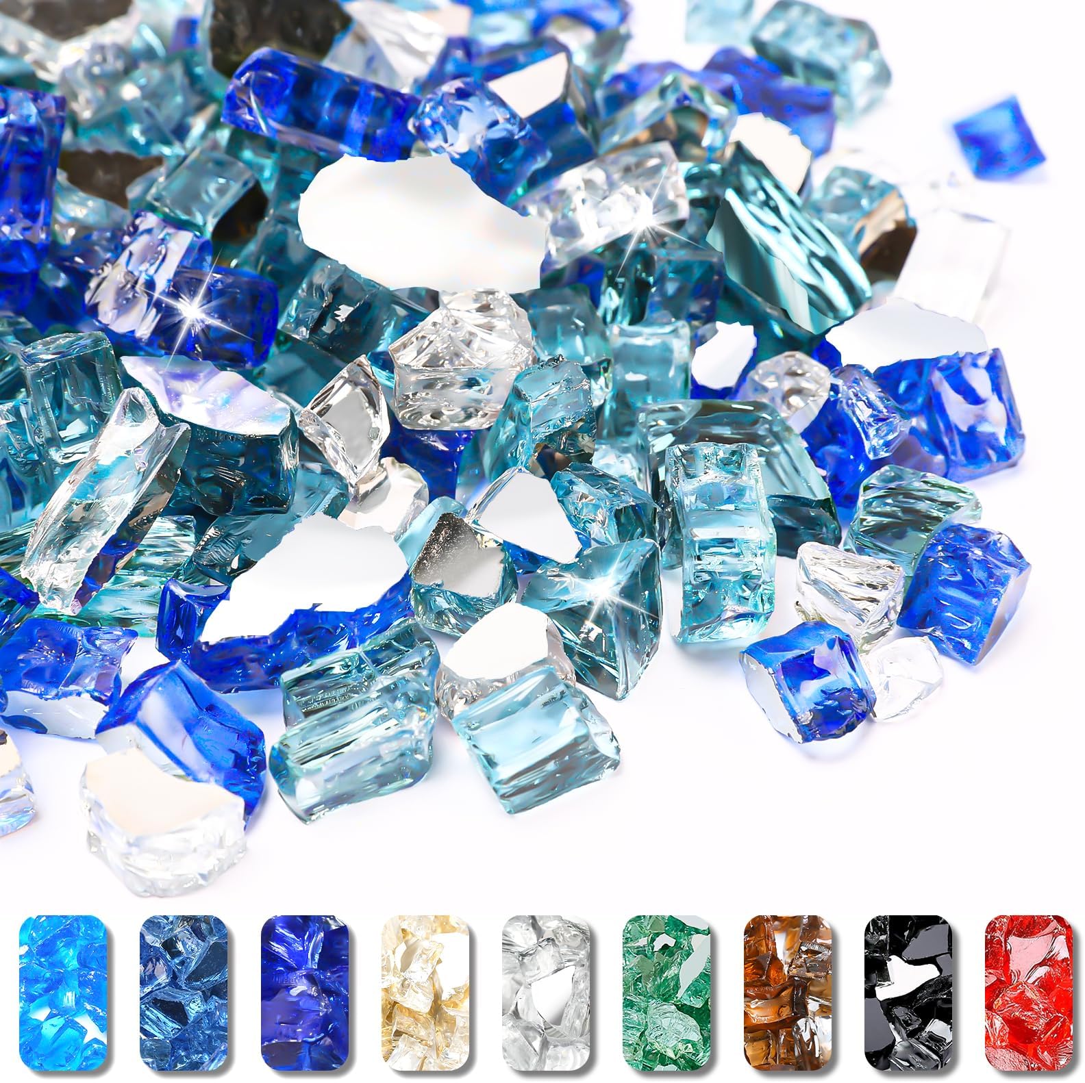Grisun Fire Glass for Fire Pit, 1/2 Inch High Luster Reflective Tempered Glass Rocks for Natural or Propane Fireplace, Safe for Outdoors and Indoors Firepit Glass, 10 Pounds