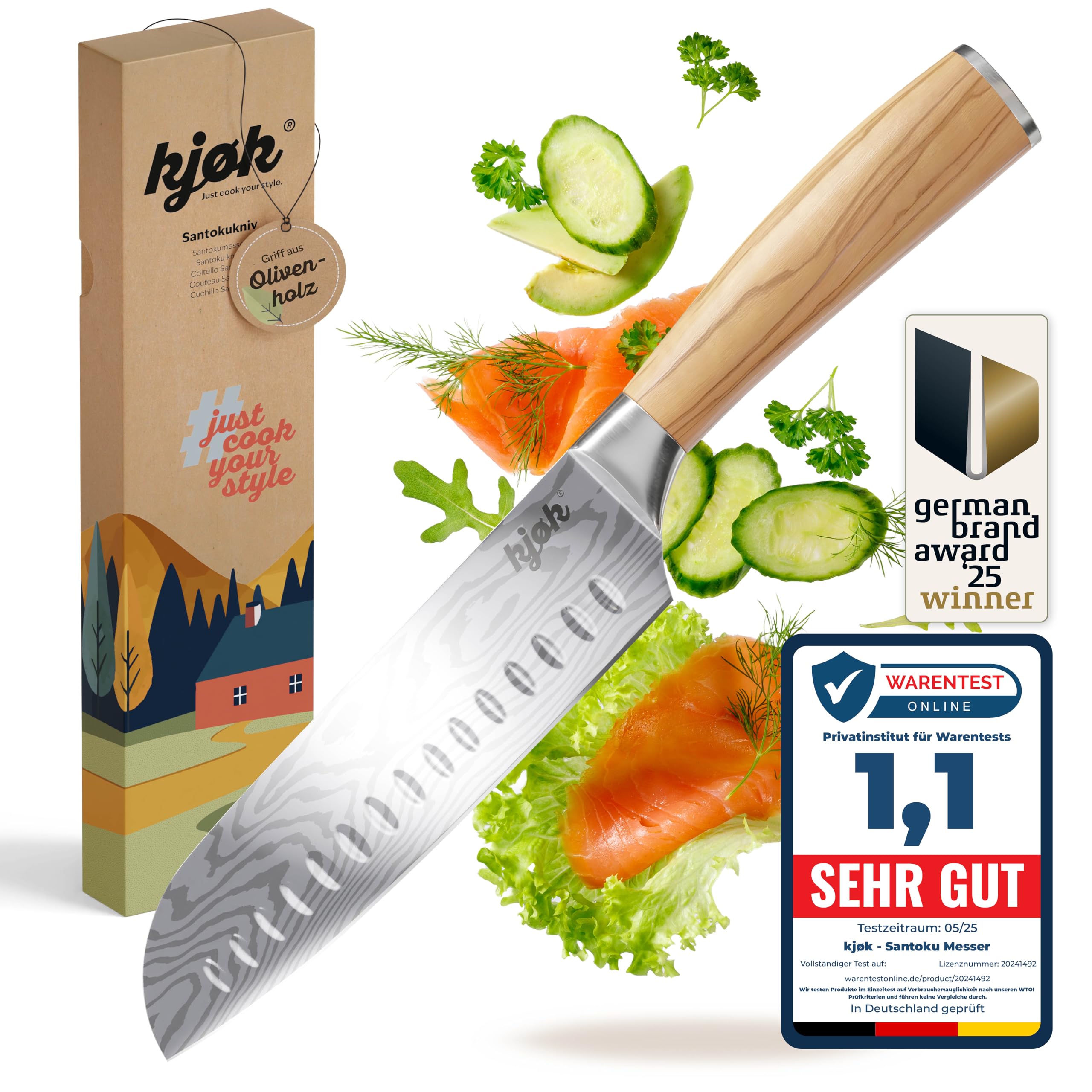 kjøk Premium Santoku-Messer 17 cm (7Cr-Stahl) mit Olivenholzgriff – extra scharfes Allzweck-Küchenmesser für Fleisch, Fisch und Gemüse – asiatisches Kochmesser mit Schutzhülle, nur 177 g