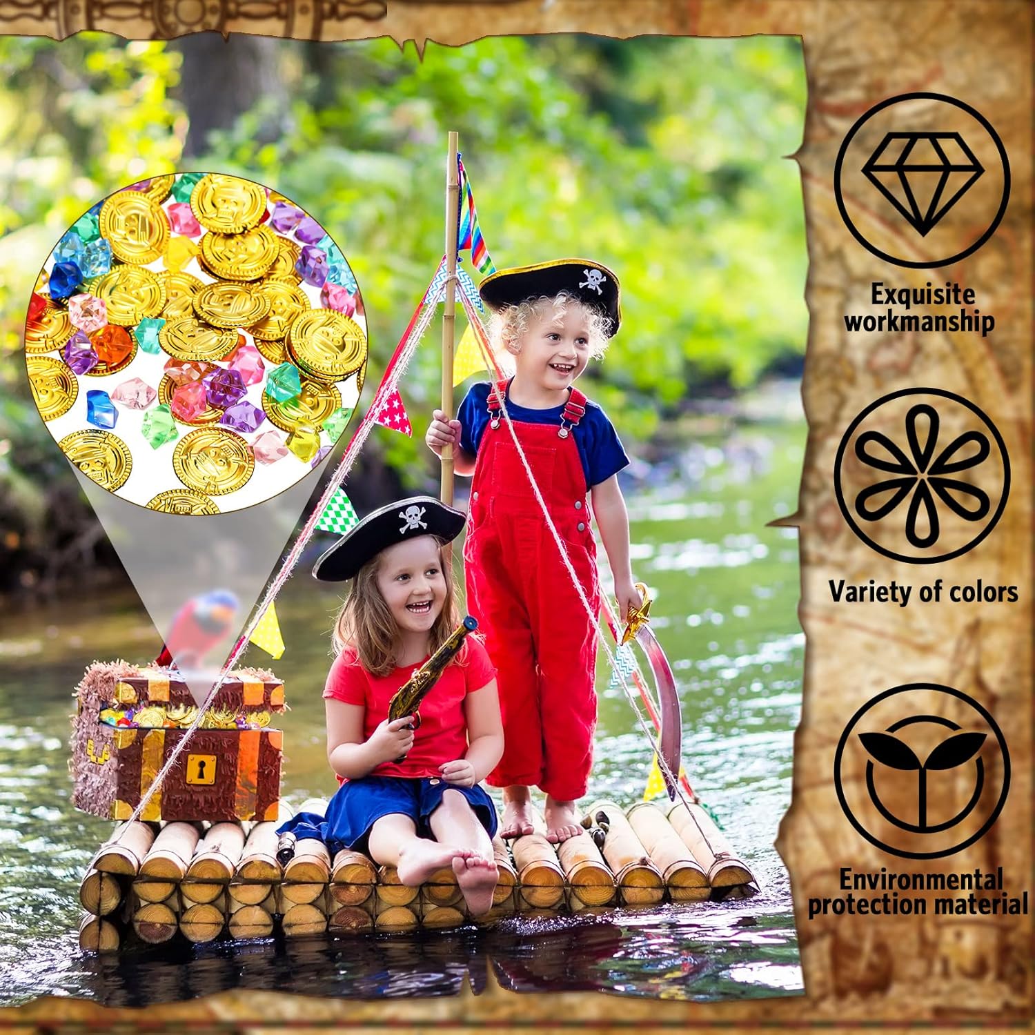 Hanaive 100 Pcs Plastic Pirate Gold Coins Acrylic Colored Gems Fake Gems Buried Treasure Pirate Party Decorations for Halloween Adventure Themed Event Birthday Party Props Decor (Retro Style,Gold)