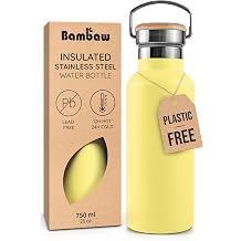 Bambaw 24 oz Insulated Water Bottle, Stainless Steel Water Bottle, Easy to Clean, Sleek & Durable, Wide Mouth Fits Tea Infusers, Lightweight, Great for Travel & Hiking Yellow Beam