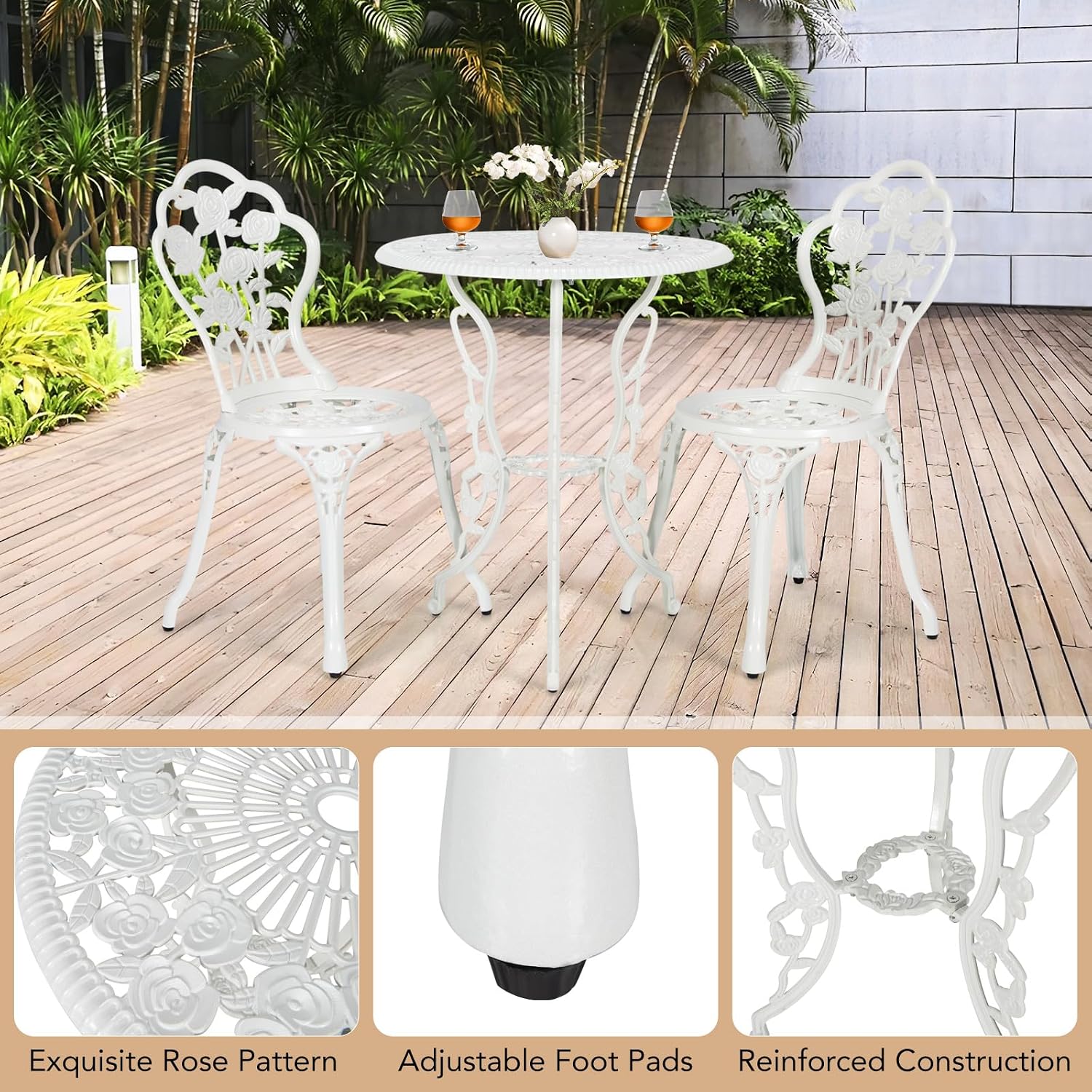 TANGZON 3 Pieces Patio Bistro Set, Outdoor Cast Aluminum Round Dining Table and 2 Chairs Set with Umbrella Hole, Garden Dining Furniture Set for Balcony Backyard Poolside Lawn (White)
