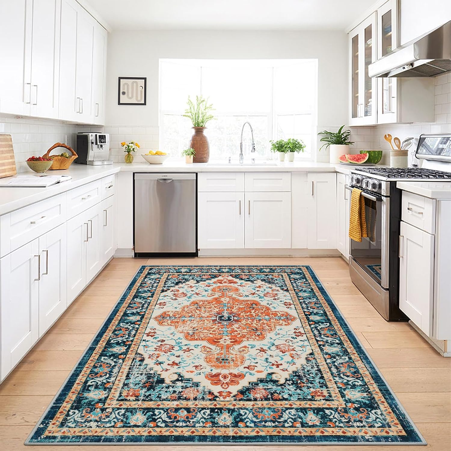 U'Artlines Boho Vintage Area Rug 3x5 Machine Washable Low Pile Soft Floor Carpet Non Slip Non Shedding Accent Rug for Living Room Bedroom Entryway Dining Room Office Orange/Multi - Image 8