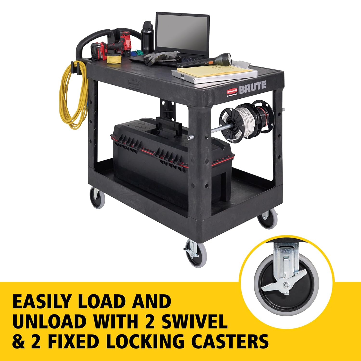 Rubbermaid Commercial Products 2-Shelf Utility/Service Cart, Medium, Flat Shelves, Ergonomic Handle, 500 lbs. Capacity, Ideal for Warehouse/Garage/Cleaning/Manufacturing
