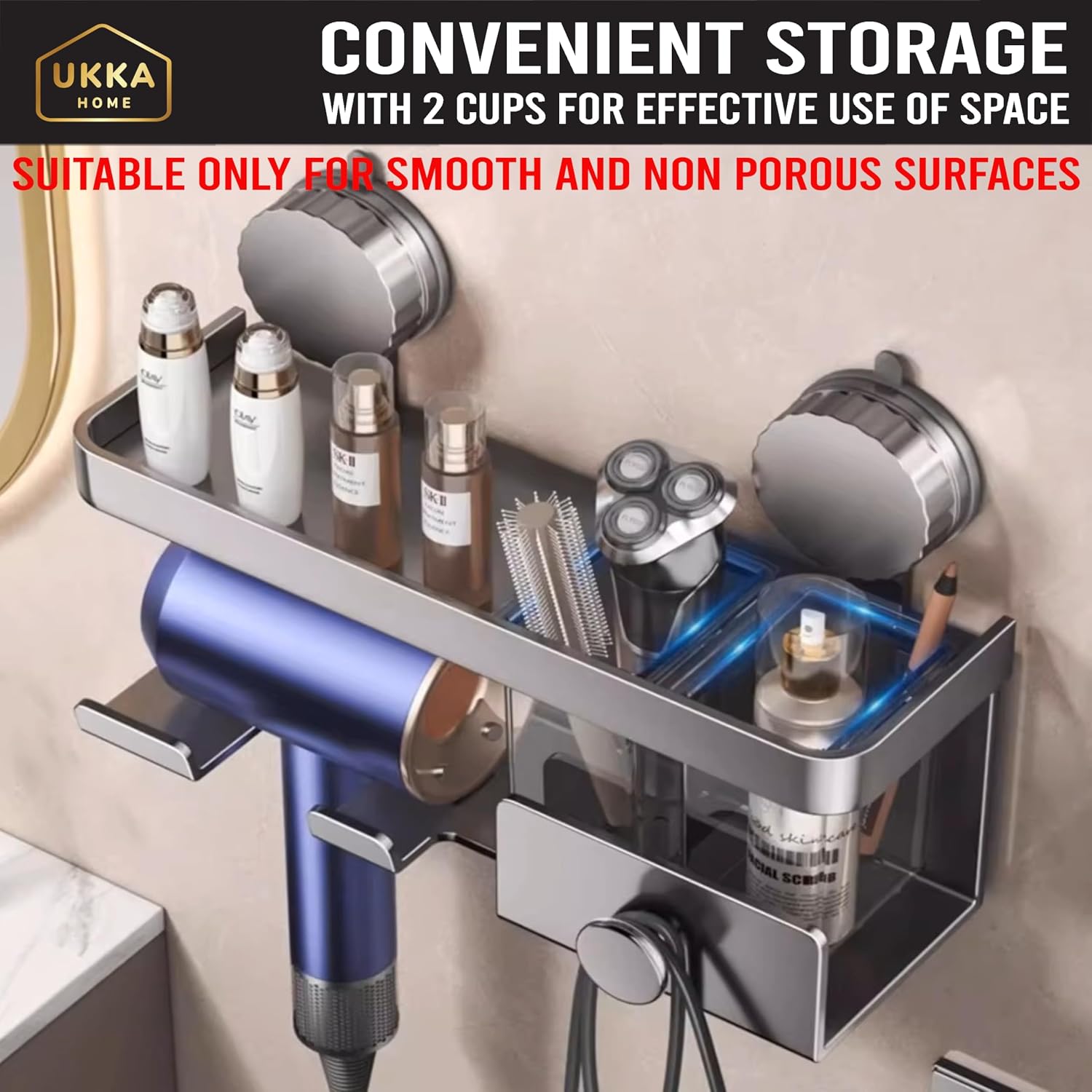Suction Cup Aluminum Hair Dryer Holder. Storage Organizer Rack with Shelf for Accessories & Tools for Bathroom. Reusable, Rustproof, No Drill, No Tools. Multifunctional (2 Cups, Gray)